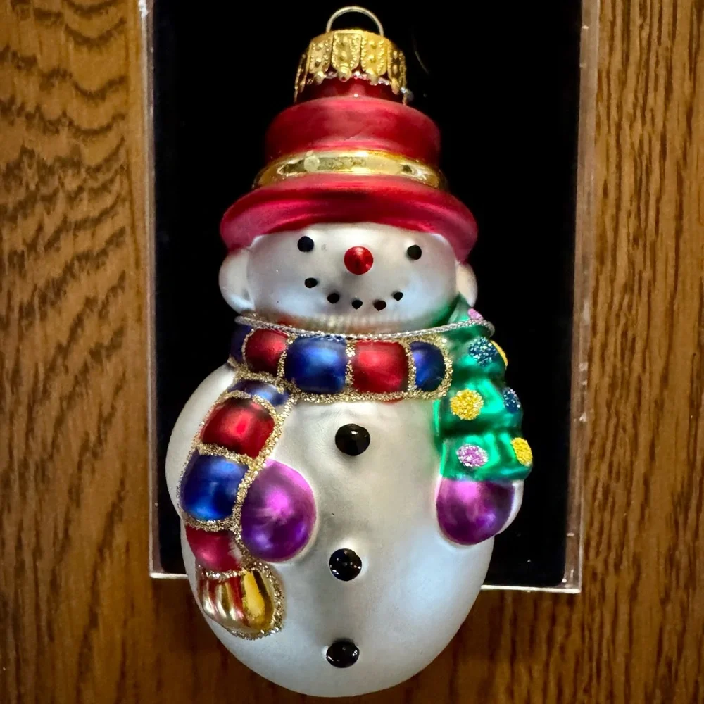 Glass Hand-painted Snowman Christmas Ornament Multi Colored NIB